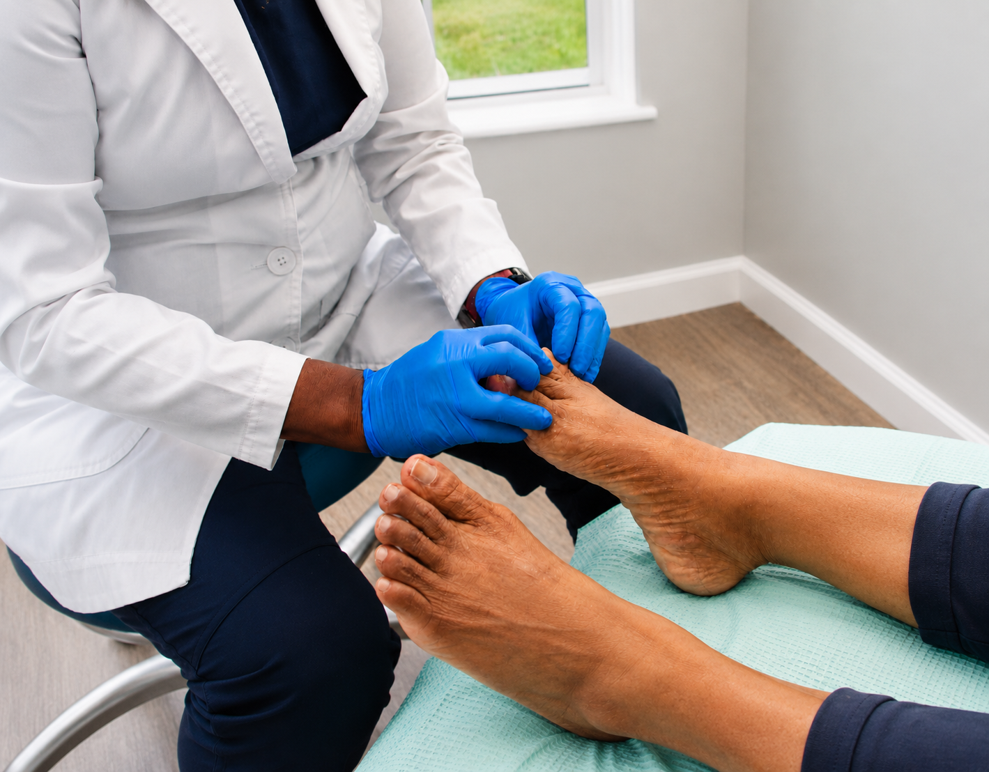 Dr. Balkaran examining a patient's foot