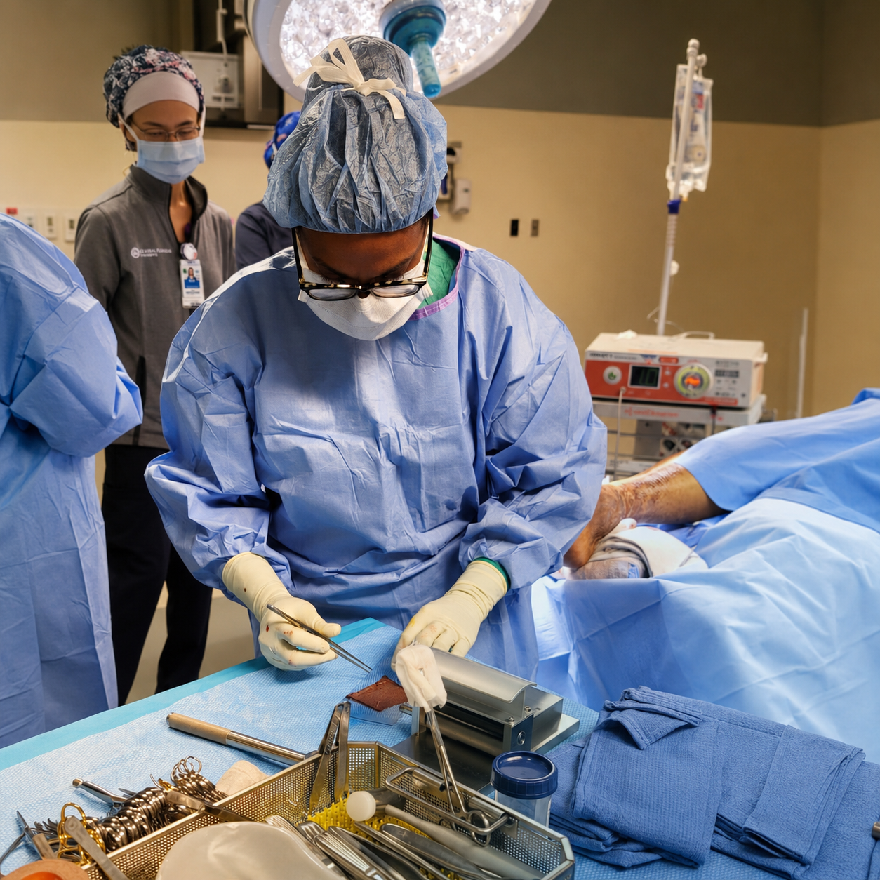 Surgeon preparing a skin graft during a wound care procedure