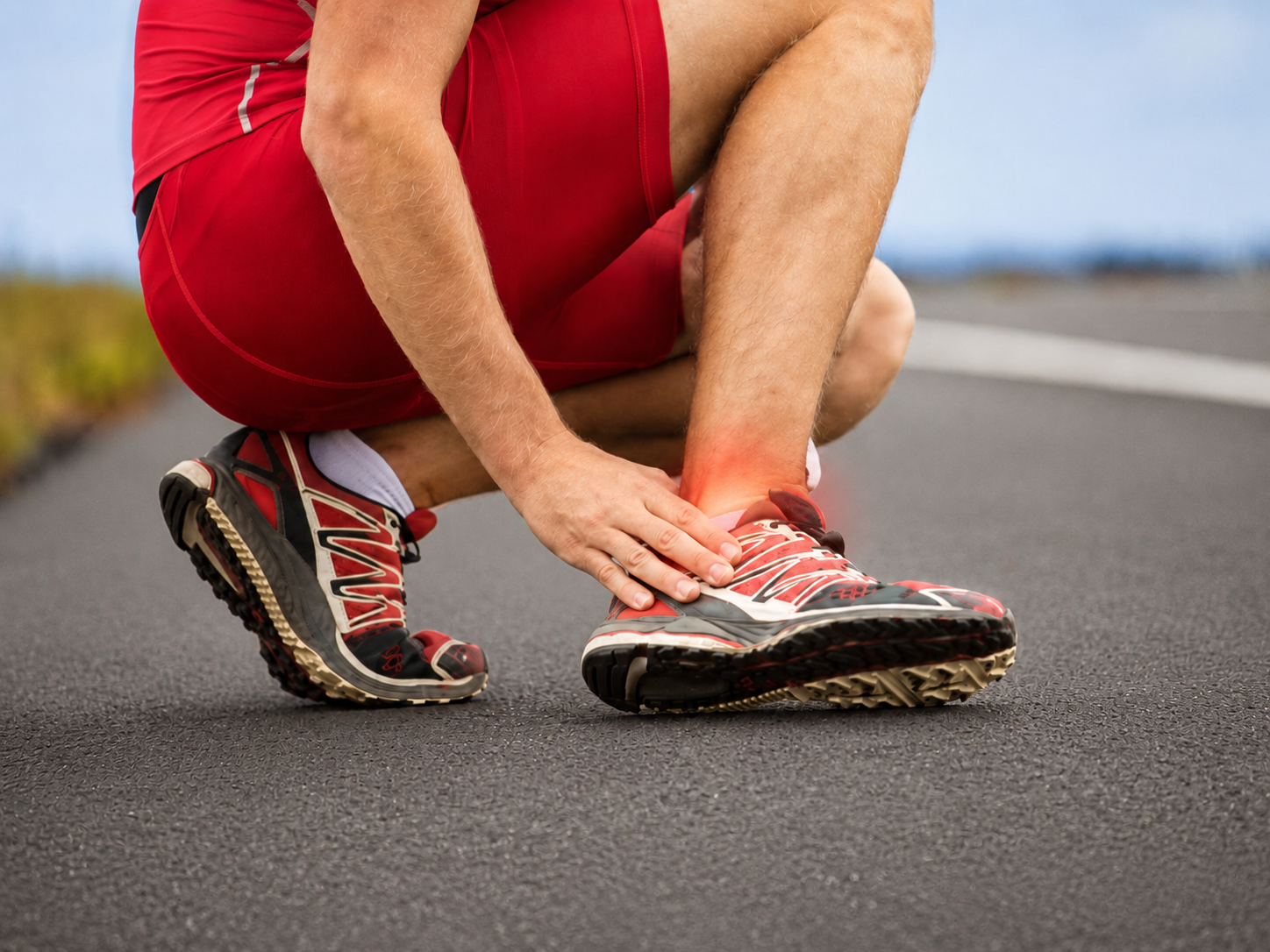 Athlete holding a painful unstable ankle